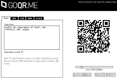 Codici QR: Generatore di Testi, URL, Telefoni, SMS, vCard