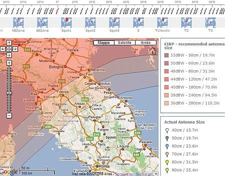 Footprint Satelliti TV + Diametro Parabole su GoogleMaps